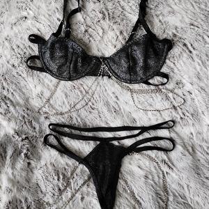Rhinestone chain bra and thong matching lingerie set